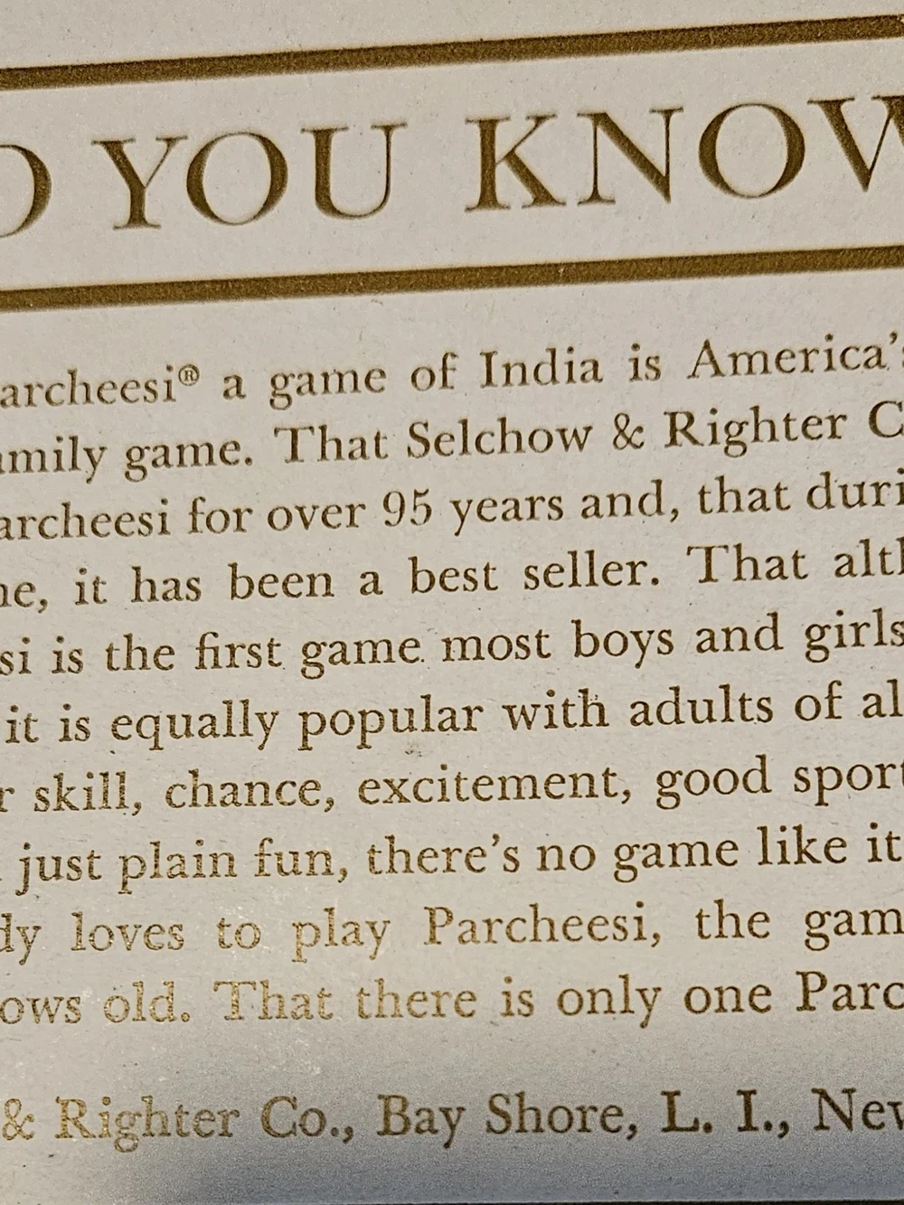 Vtg (1959-64) Gold Seal Edition of Parcheei Game. Published by Selchow & Righter